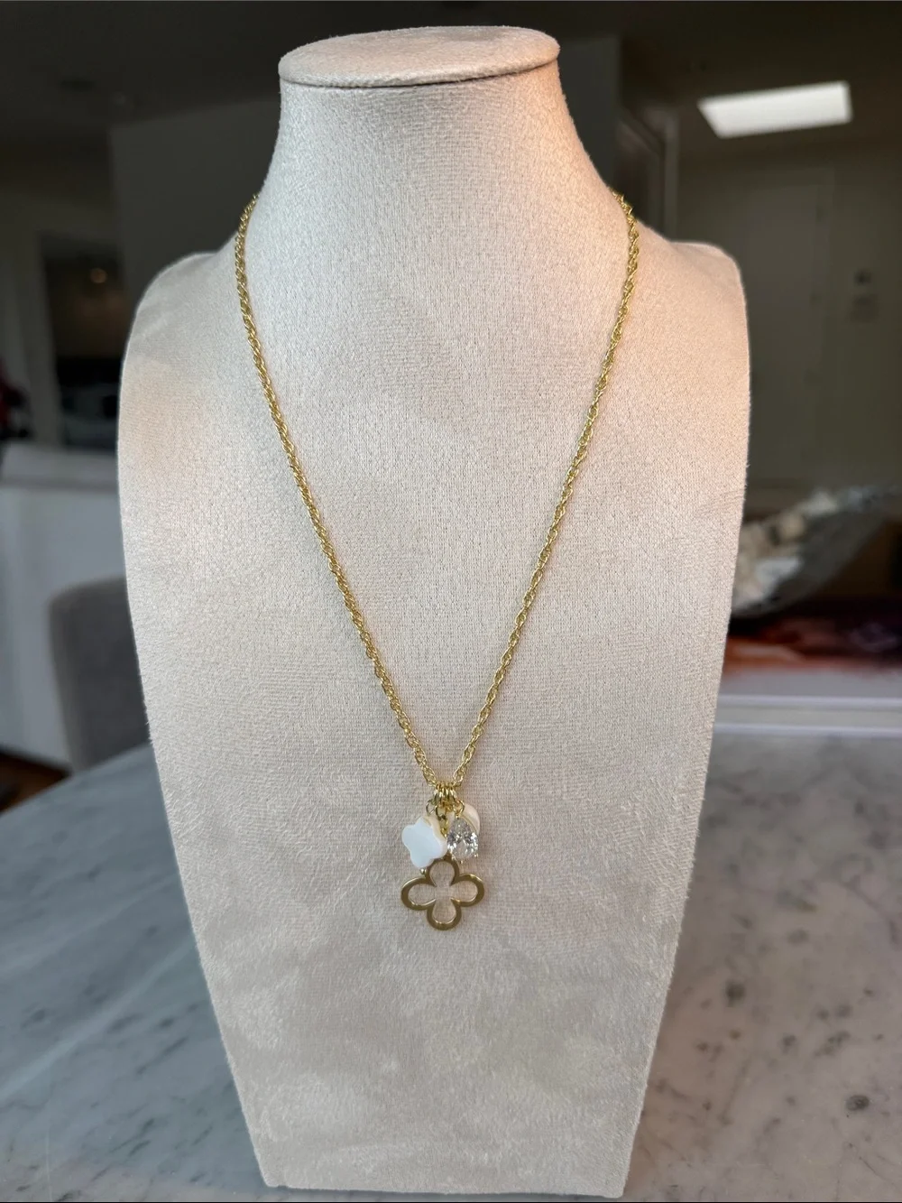 Gold Clover Charm Necklace with White Accents